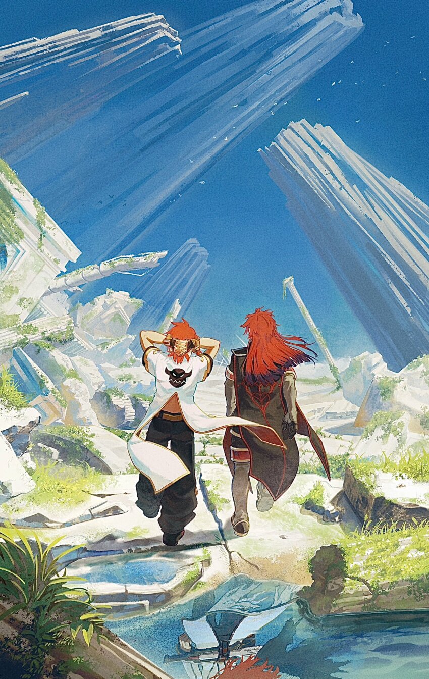 3boys arms_behind_head asch_(tales) baggy_pants belt bird black_cape black_pants blue_sky boots broken_pillar brown_gloves cape column commentary_request elbow_gloves fingerless_gloves from_behind full_body gloves grass highres long_hair luke_fon_fabre male_focus meba multiple_boys pants pillar red_hair reflection reflective_water rock ruins scenery shirt short_hair short_sleeves sky tales_of_(series) tales_of_the_abyss thigh_boots walking water white_shirt