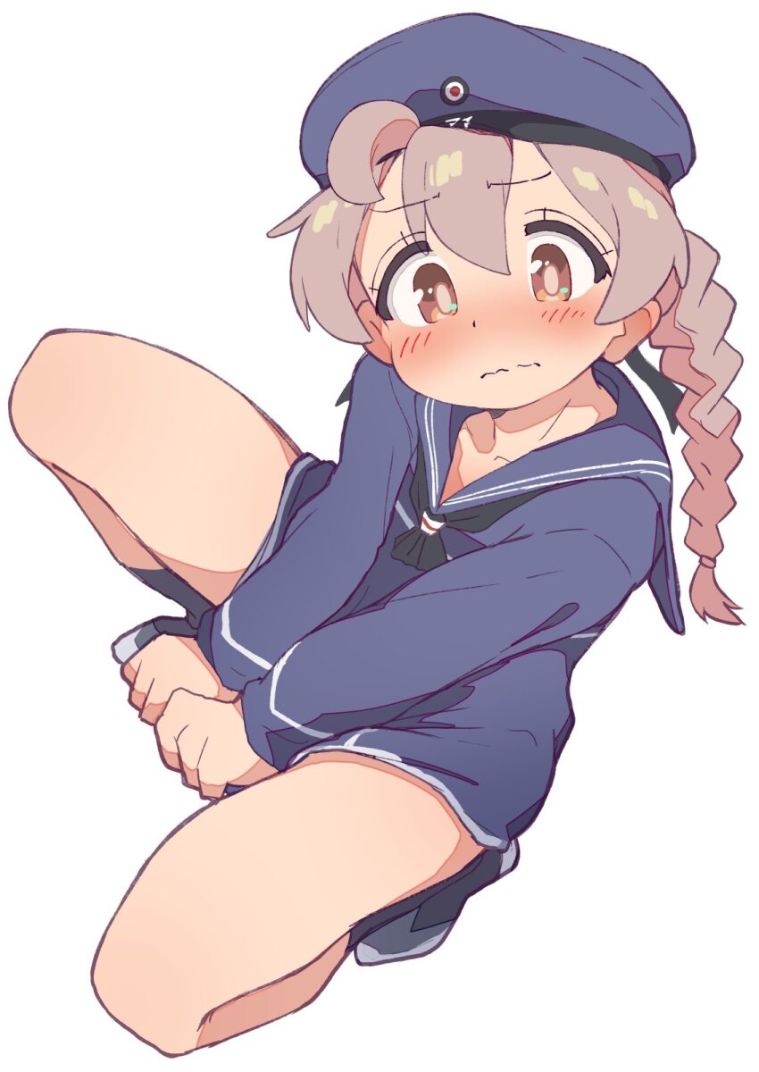 1girl ahoge blush cosplay dress genderswap genderswap_(mtf) hat hatafuta highres kantai_collection long_hair long_sleeves looking_at_viewer onii-chan_wa_oshimai! orange_eyes oyama_mahiro pink_hair sailor_collar sailor_dress sailor_hat shoes simple_background solo wavy_mouth white_background z1_leberecht_maass_(kancolle) z1_leberecht_maass_(kancolle)_(cosplay)