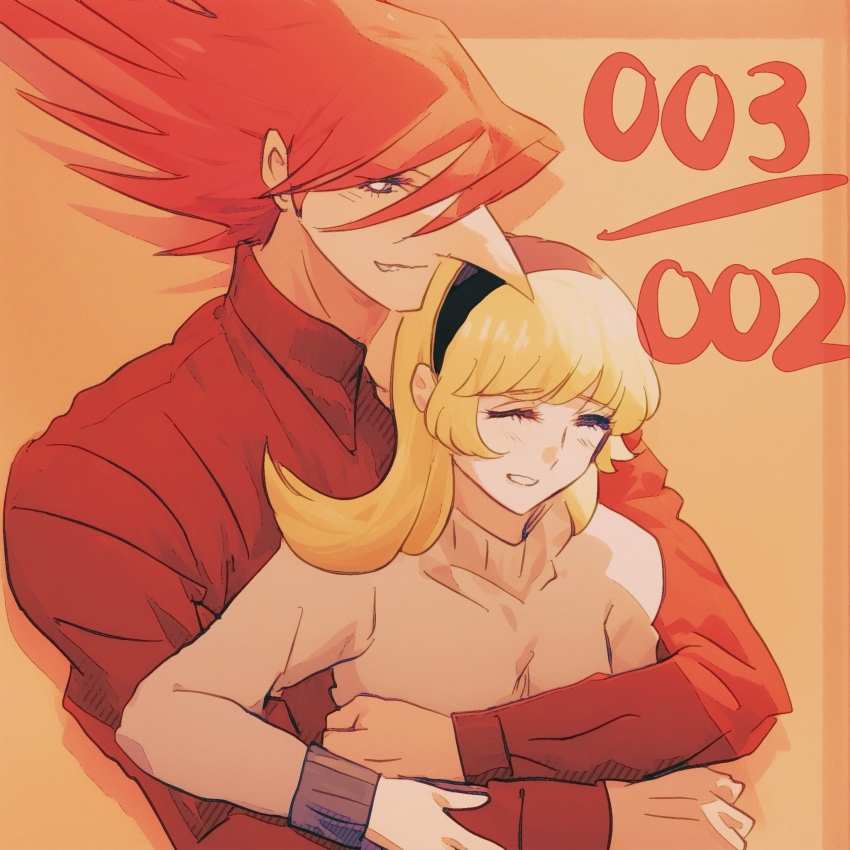 1boy 1girl big_nose blonde_hair brown_sweater closed_eyes closed_mouth coat cyborg cyborg_009 francoise_arnoul hair_over_one_eye hairband highres hug jet_link long_hair orange_hair red_coat red_hairband sariokisu spiked_hair sweater upper_body