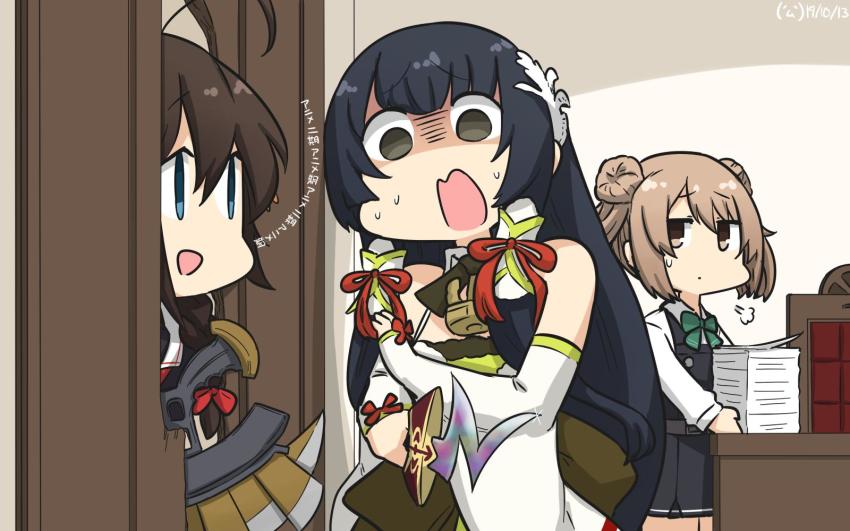 ahoge axe black_hair black_serafuku blue_eyes braid broken_door brown_hair commentary_request dated desk double_bun dress empty_eyes fate/grand_order fate_(series) green_dress grey_eyes hair_bun hair_flaps hair_over_shoulder hair_ribbon hair_tubes hakama hakama_skirt hamu_koutarou here&#039;s_johnny!_(meme) highres indoors japanese_clothes kantai_collection light_brown_hair long_hair looking_at_another looking_away low-tied_long_hair medea_(caster)_(fate) medea_(fate) meme michishio_(kancolle) mizuho_(kancolle) obi office one-hour_drawing_challenge open_mouth panicking parody pinafore_dress remodel_(kantai_collection) ribbon rulebreaker sakata_kintoki_(fate) sash scared school_uniform screaming serafuku shaded_face shigure_(kancolle) short_twintails sidelocks sigh signature single_braid skirt sleeveless sleeveless_dress solid_oval_eyes the_shining translation_request twintails very_long_hair yellow_eyes