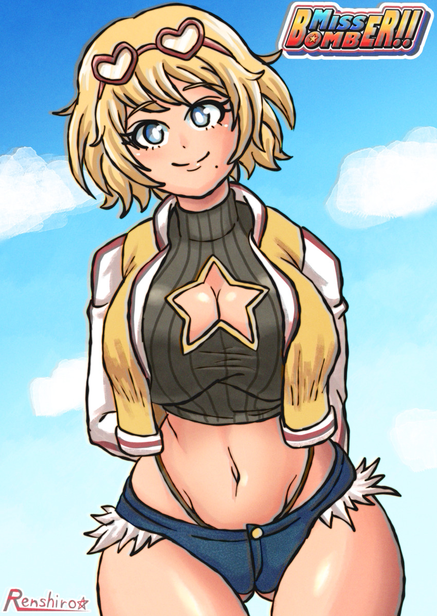 1girl 2021 arms_at_sides arms_behind_back ass black_sweater blazer blonde_hair blue_eyes blush breasts casual cleavage clothing_cutout cloud cloudy_sky collarbone commentary cowboy_shot day denim denim_shorts english_commentary female_focus gluteal_fold highres jacket large_breasts letterman_jacket micro_shorts midriff miss_bomber!! miss_bomber_(character) mole mole_under_mouth open_clothes original outdoors shiny_skin shorts simple_background sky solo standing star_(symbol) sweater swept_bangs tareme taut_clothes tonshirou_(christar) turtleneck turtleneck_sweater whale_tail_(clothing) yellow_jacket yellow_pupils