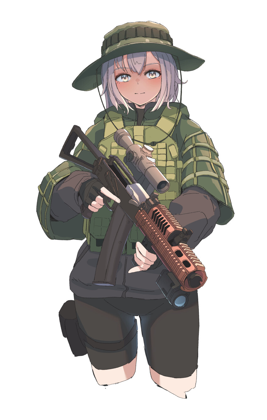 absurdres aks-74u assault_rifle body_armor boonie_hat escape_from_tarkov foregrip grey_hair gun highres kalashnikov_rifle military okapi_(yomaigoto) orange_eyes pouch rifle scope thigh_pouch trigger_discipline weapon