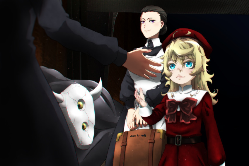 3girls ahoge blonde_hair blue_eyes collared_shirt deus_vult dress genya_(genya67) highres holding holding_suitcase isabella_(yakusoku_no_neverland) looking_at_another monster multiple_girls out_of_frame red_dress shirt standing suitcase tanya_degurechaff yakusoku_no_neverland youjo_senki