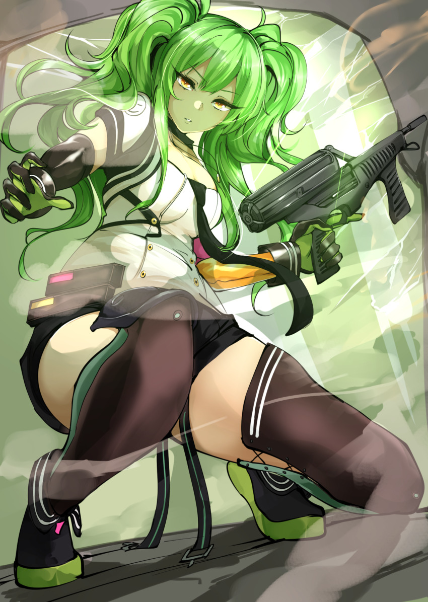 1girl agetama black_thighhighs breasts calico_m950 calico_m950a cheek_pistol cleavage double-stack_magazine elbow_gloves female_focus girls&#039;_frontline gloves green_hair gun handgun helical_magazine high-capacity_magazine highres holding holding_gun holding_weapon kneeling long_hair looking_at_viewer m950a_(girls&#039;_frontline) machine_pistol necktie on_one_knee parted_lips pistol shorts solo stubby_grip submachine_gun thighhighs twintails vertical_forward_grip weapon yellow_eyes