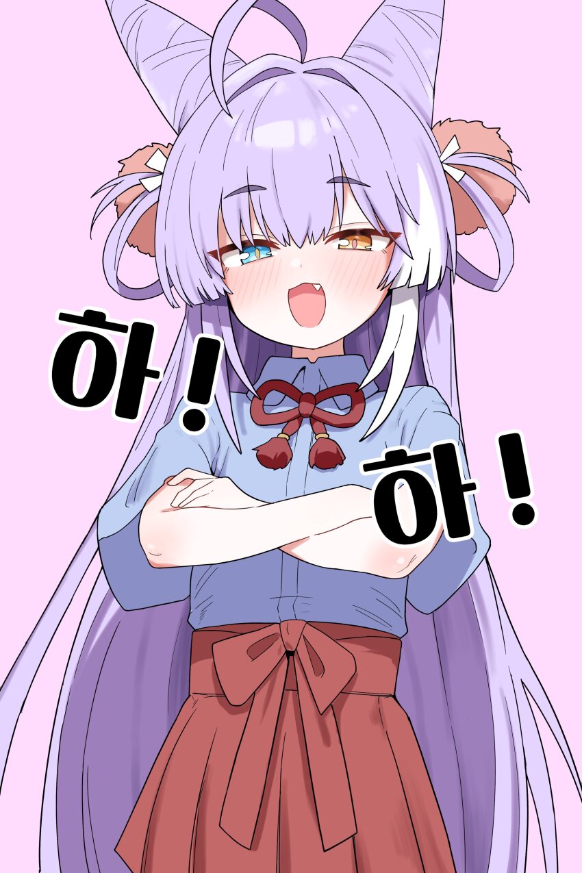 1girl absurdres ahoge blue_eyes blush cone_hair_bun crossed_arms fang hair_bun hair_ornament hair_rings heterochromia highres long_hair open_mouth pom_pom_(clothes) pom_pom_hair_ornament purple_hair purple_tail saho_4545 simple_background solo stellive tenko_shibuki virtual_youtuber yellow_eyes