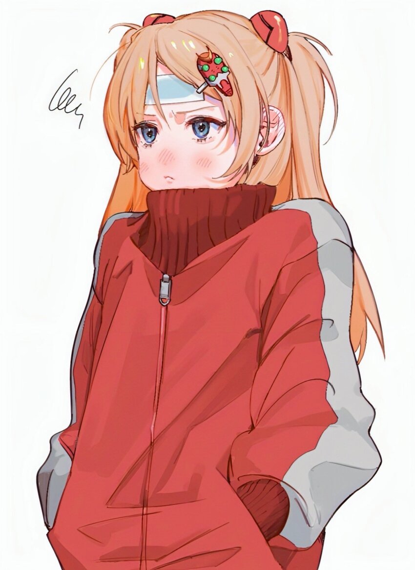 1girl 8ec54a alternate_costume blue_eyes blush cold_pack eva_02 evangelion:_3.0_you_can_(not)_redo fever furrowed_brow hair_ornament hairclip hairpods highres jacket long_hair multicolored_clothes neon_genesis_evangelion ponytail pout rebuild_of_evangelion ribbed_jacket sick side_ponytail souryuu_asuka_langley swirl turtleneck twintails white_background zipper
