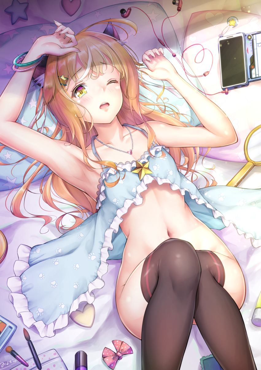 1boy ahoge androgynous animal_ear_fluff animal_ears armpits arms_up ass bangle bare_shoulders black_thighhighs blonde_hair blush bow bracelet brown_hair cat_ears cellphone cellphone_strap collarbone commentary_request convenient_leg cosmetics cowboy_shot crescent crossed_bangs earphones earphones_removed fingernails groin hair_ornament hairclip hand_mirror heart heart_necklace heart_print highres jewelry knees_up light_particles light_rays lingerie lipstick_tube long_fingernails long_hair looking_at_viewer lying makeup_brush male_focus mirror morning multicolored_hair nail_polish_bottle natsusora_wakana navel necklace no_panties novady on_back on_bed one_eye_closed open_mouth original paw_print phone pillow polka_dot polka_dot_bow sexually_suggestive shiny_skin sidelocks smartphone solo star_(symbol) star_hair_ornament star_print streaked_hair sunbeam sunlight thighhighs trap underwear upper_body yellow_eyes