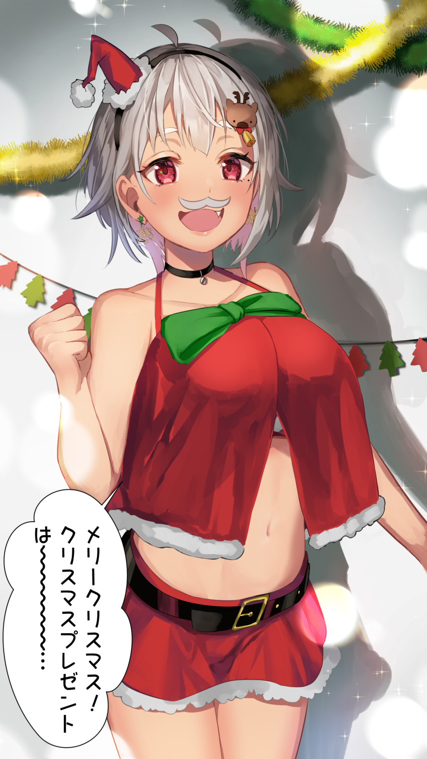1girl :3 absurdres ahoge bare_shoulders bell belt bikini black_belt black_choker blush bow breast_curtains breasts capelet choker christmas clenched_hand cowboy_shot dark-skinned_female dark_skin earrings fake_facial_hair fake_mustache fang fur-trimmed_bikini fur-trimmed_capelet fur-trimmed_headwear fur-trimmed_skirt fur_trim garland_(decoration) green_bow grey_hair hair_between_eyes hairband halterneck hat hayama_marin highres jewelry large_breasts mini_hat miniskirt mole mole_under_eye navel nijisanji open_mouth red_bikini red_capelet red_eyes red_headwear red_skirt reindeer_hair_ornament santa_hat short_hair skirt smile snowflake_earrings solo sparkle speech_bubble star_(symbol) star_earrings stomach strapless swimsuit tube_top virtual_youtuber zgpwlm