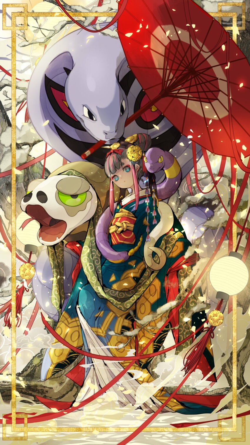 1girl aqua_eyes arbok bare_tree blue_kimono blunt_bangs bright_pupils closed_mouth commentary_request day ekans eyeshadow gen_1_pokemon gen_8_pokemon hair_ornament highres japanese_clothes kimono looking_down makeup nanahara_shie new_year nintendo oil-paper_umbrella outdoors pokemon pokemon_(creature) red_eyeshadow red_ribbon ribbon sash sidelocks silicobra snow standing tree umbrella white_pupils