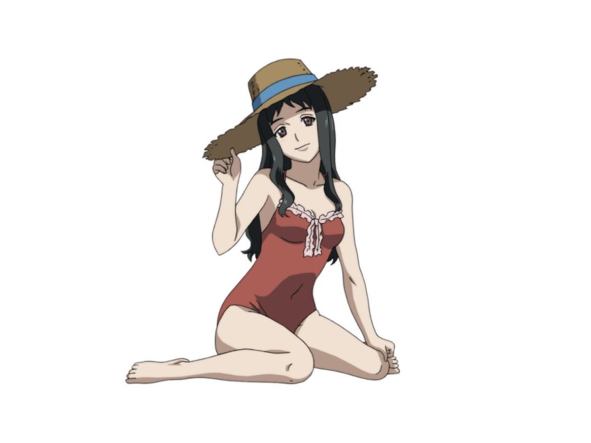 black_hair breasts brown_eyes ga-rei ga-rei_zero highres kneeling manabe_miku medium_breasts medium_hair official_art one-piece_swimsuit swimsuit