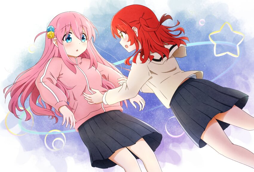 2girls black_skirt blue_eyes blush bocchi_the_rock! breasts brown_shirt commentary_request cube_hair_ornament dot_nose eyes_visible_through_hair gotoh_hitori hair_between_eyes hair_ornament highres jacket kita_ikuyo long_hair long_sleeves looking_at_another mayo_(oekaki_bibbi) multiple_girls one_side_up open_mouth outstretched_arms pink_hair pink_jacket pleated_skirt reaching reaching_towards_another red_hair school_uniform shirt shuka_high_school_uniform sidelocks skirt space star_(sky) track_jacket yellow_eyes