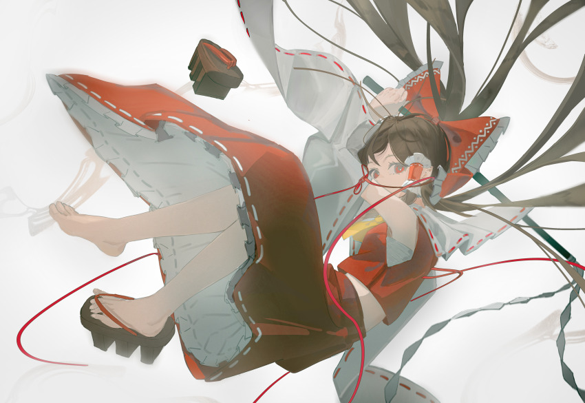 1girl absurdres ascot bare_shoulders bow brown_hair chest_sarashi covered_mouth detached_sleeves frilled_bow frilled_hair_tubes frilled_skirt frills from_side full_body geta gohei grey_background hair_bow hair_floating_upwards hair_tubes hakurei_reimu highres holding holding_gohei li_meng_shan long_hair long_sleeves looking_at_viewer midriff nontraditional_miko red_bow red_eyes red_ribbon red_shirt ribbon ribbon-trimmed_skirt ribbon-trimmed_sleeves ribbon_trim sandals sarashi shide shirt single_sandal skirt skirt_set sleeveless sleeveless_shirt solo touhou two-sided_fabric two-sided_skirt unworn_sandals very_long_hair white_sleeves wide_sleeves yellow_ascot