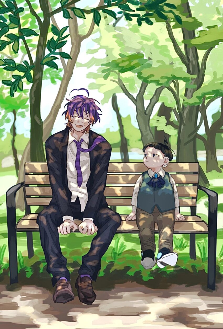 2boys aba_(yrsge) bench black_eyes black_jacket black_pants black_suit blue_vest blush bowl_cut brown_pants brown_shoes call_of_cthulhu closed_eyes closed_mouth collared_shirt colored_tips dappled_sunlight day facing_viewer formal_clothes fujimura_saki full_body grass highres jacket kaikou_(trpg_scenario) lightning_ahoge loafers looking_at_another looking_to_the_side male_focus multicolored_hair multiple_boys napoli_no_otokotachi necktie necktie_over_shoulder on_bench open_mouth orange_hair outdoors pants park park_bench purple_hair purple_necktie shikimitsu_(napoli_no_otokotachi) shirt shoes short_hair side-by-side sitting smile suit sunlight tree v_arms vest white_shirt