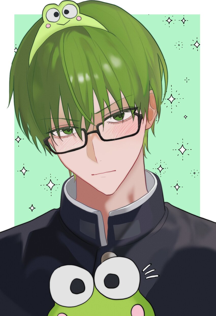 1boy :| black-framed_eyewear black_jacket blush border closed_mouth collared_jacket colored_skin commentary gakuran glasses green_eyes green_hair green_skin hair_between_eyes hasunoue_keroppi headband highres jacket kuroko_no_basuke looking_at_viewer male_focus midorima_shintarou outside_border sanrio school_uniform solo sparkle symbol-only_commentary white_border yuuuuuue131
