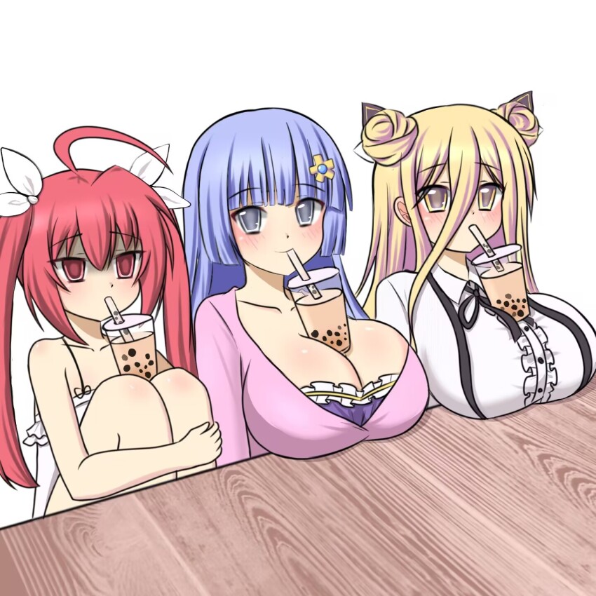 3girls between_breasts blonde_hair blush breast_envy breast_rest breasts cleavage date_a_live flat_chest grey_eyes grey_hair highres hoshimiya_mukuro itsuka_kotori izayoi_miku large_breasts looking_at_viewer multiple_girls red_eyes red_hair table twintails yellow_eyes
