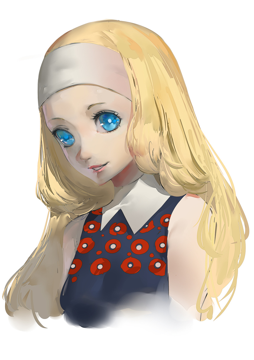 1girl bare_shoulders blazpu blonde_hair blue_eyes collared_dress cropped_torso dress headband highres junah_(metaphor:_refantazio) long_hair makeup metaphor:_refantazio parted_lips patterned_clothing pink_lips sleeveless sleeveless_dress smile solo white_background white_headband