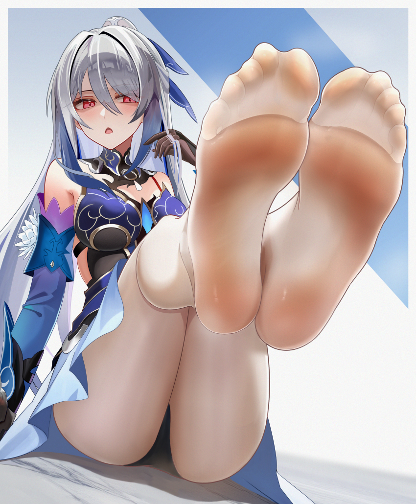 1girl absurdres bm_(bm364364) feet feet_up highres honkai:_star_rail honkai_(series) jingliu_(honkai:_star_rail) light_blush long_hair open_mouth panties panties_under_pantyhose pantyhose pantyshot red_eyes smell soles steam toes underwear white_hair white_pantyhose