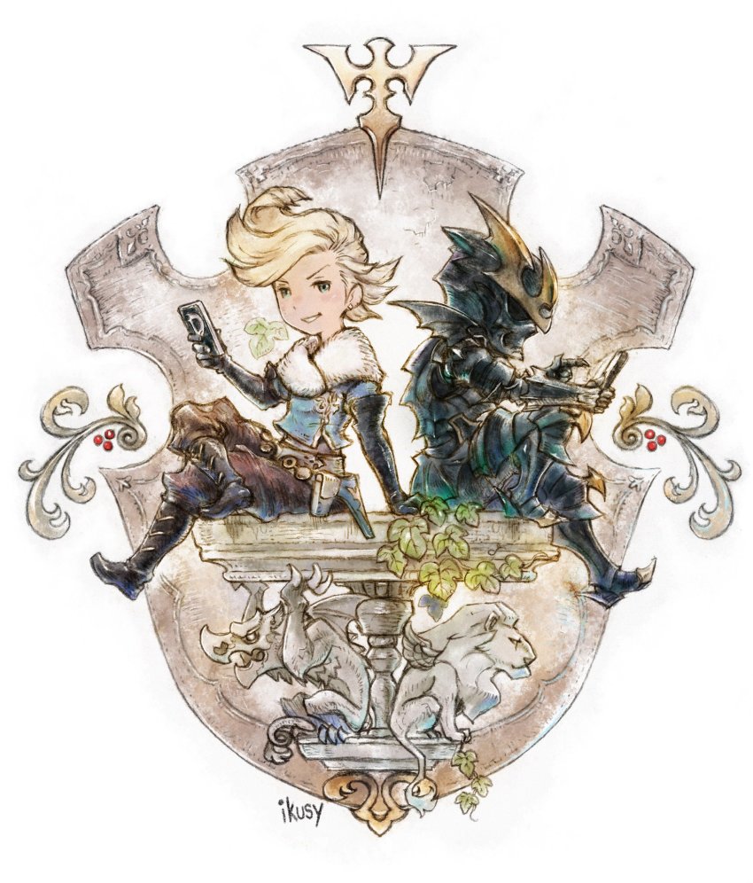 2boys alternis_dim armor black_armor black_legwear black_pants blonde_hair blue_eyes boots bravely_default:_fairy&#039;s_effect bravely_default:_flying_fairy bravely_default_(series) dark_knight full_armor helmet highres ikusy knee_boots knight multiple_boys official_art pants pompadour ringabel sitting smile square_enix