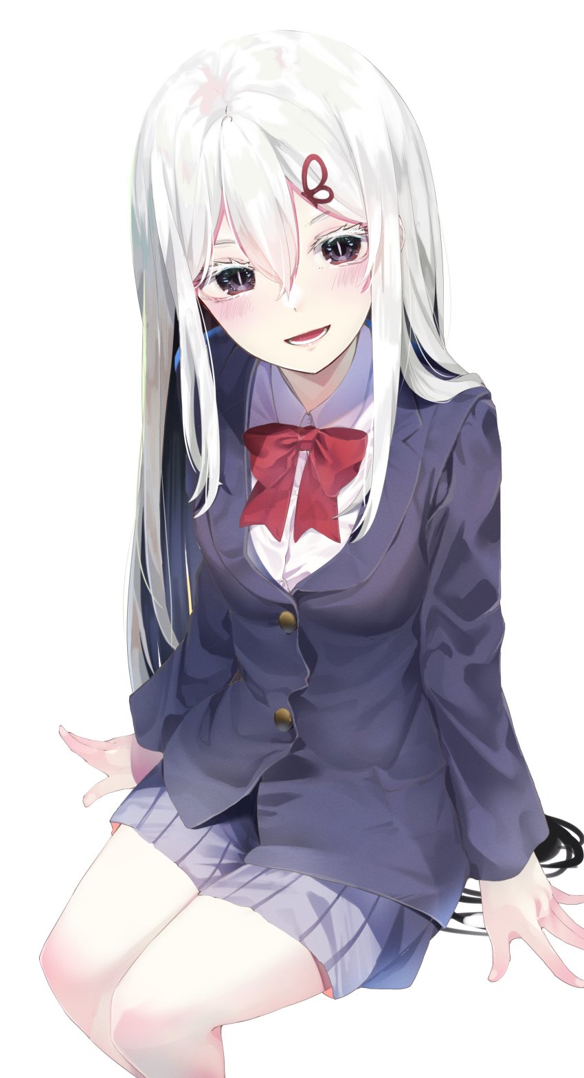 1girl absurdres blazer blue_jacket blush bow butterfly_hair_ornament collared_shirt colored_eyelashes echidna_(re:zero) grey_skirt hair_between_eyes hair_ornament highres jacket long_hair looking_at_viewer open_mouth pleated_skirt purple_eyes re:zero_kara_hajimeru_isekai_seikatsu red_bow school_uniform shirt sidelocks simple_background skirt solo thighs very_long_hair white_background white_eyelashes white_hair white_shirt yuunamida_uyu