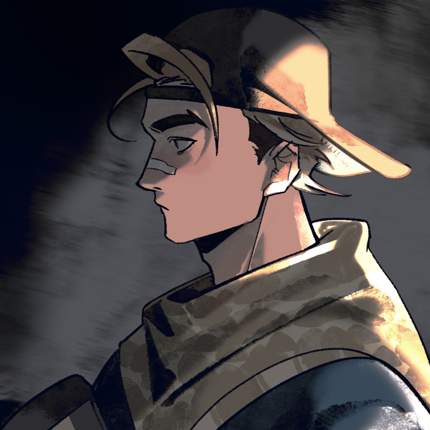 1boy adam&#039;s_apple backwards_hat bandage_on_nose bandages baseball_cap black_hair blonde_hair camouflage camouflage_jacket closed_mouth forked_eyebrows hat hexermer highres jacket luke_sullivan male_focus multicolored_hair official_alternate_costume sideburns solo street_fighter street_fighter_6 two-tone_hair upper_body