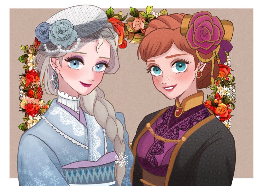 2girls absurdres anna_(frozen) blue_eyes border braid braided_ponytail brown_background commentary_request earrings elsa_(frozen) eyeshadow frozen_(disney) hair_ornament hat highres japanese_clothes jewelry kimono looking_at_viewer makeup moko_eaka multiple_girls obi sash siblings simple_background sisters smile upper_body white_border