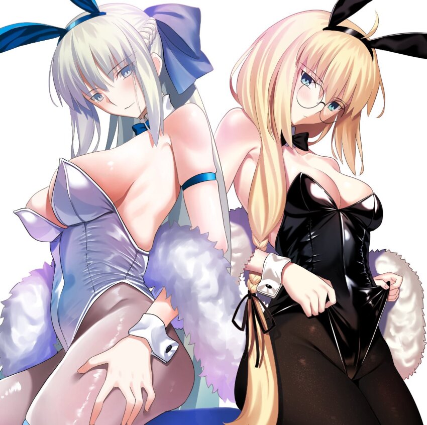 2girls aesc_(fate) aesc_(rain_witch)_(fate) alternate_costume animal_ears bare_shoulders blonde_hair blue_eyes blush bow bowtie braid breasts brown_pantyhose cleavage covered_navel detached_collar dual_persona fake_animal_ears fate/grand_order fate_(series) feather_boa glasses grey_hair hair_bow half_up_braid highleg highleg_leotard highres large_breasts leotard leotard_lift long_hair longdq3008 looking_at_viewer medium_breasts morgan_le_fay_(fate) multiple_girls official_style pantyhose parody playboy_bunny ponytail rabbit_ears round_eyewear side_ponytail sidelocks stool takeuchi_takashi_(style) thighs very_long_hair white_leotard wrist_cuffs