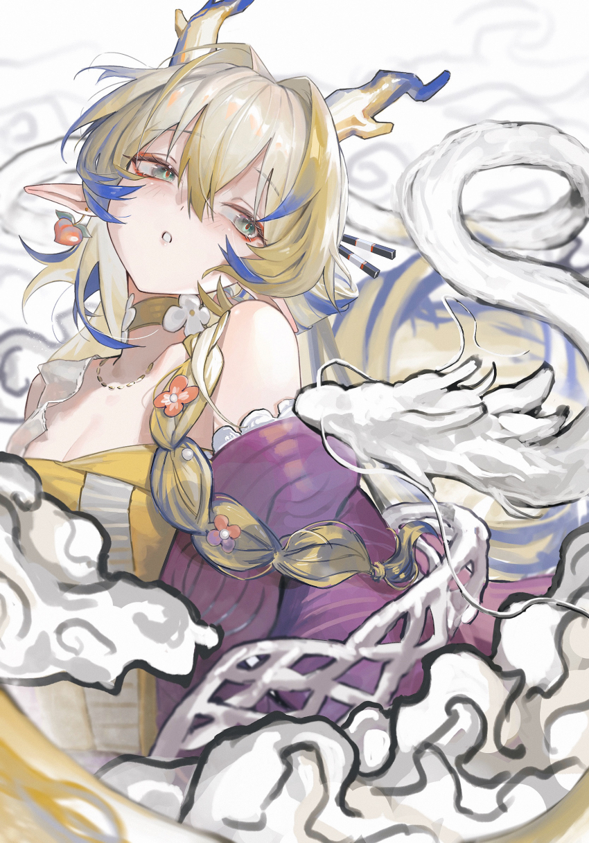 1girl 1other arknights bare_shoulders blonde_hair blush braid breasts brooch choker cleavage cloud collarbone dragon dragon_girl dragon_horns dragon_tail earrings eastern_dragon eastern_dragon_horns eastern_dragon_tail fruit_earrings gold_choker green_eyes hair_between_eyes hair_ornament highres horns jacket jewelry long_hair looking_at_another medium_breasts necklace official_alternate_costume official_alternate_hairstyle open_mouth pointy_ears purple_jacket shu_(arknights) shu_(spring_feast)_(arknights) side_braid tail watanab1019