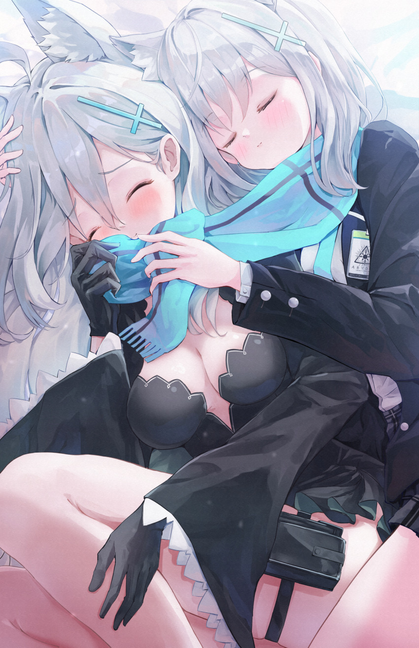2girls absurdres ahoge animal_ear_fluff animal_ears black_dress black_gloves black_skirt blue_archive blue_eyes blue_jacket blue_necktie blue_scarf blush breasts cleavage closed_mouth dress extra_ears gloves hair_between_eyes highres hug jacket large_breasts long_hair multiple_girls necktie plaid_clothes plaid_skirt re_inverse scarf shiroko_(blue_archive) shiroko_terror_(blue_archive) shirt sidelocks skirt sleeping smile thigh_strap white_hair white_shirt wolf_ears wolf_girl