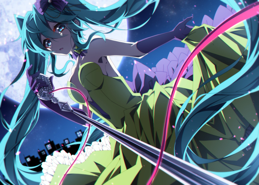 1girl absurdres aosaki_yato aqua_eyes aqua_hair backless_dress backless_outfit bow commentary cowboy_shot dress dutch_angle elbow_gloves foreshortening frilled_skirt frills from_below full_moon gloves green_dress hair_bow hatsune_miku hatsune_miku_(siren) highres holding holding_microphone kochira_koufuku_anshin_iinkai_desu_(vocaloid) long_hair looking_at_viewer microphone microphone_stand moon night night_sky open_mouth purple_bow purple_gloves siren_(mythology) skirt skirt_hold sky solo twintails very_long_hair vocaloid