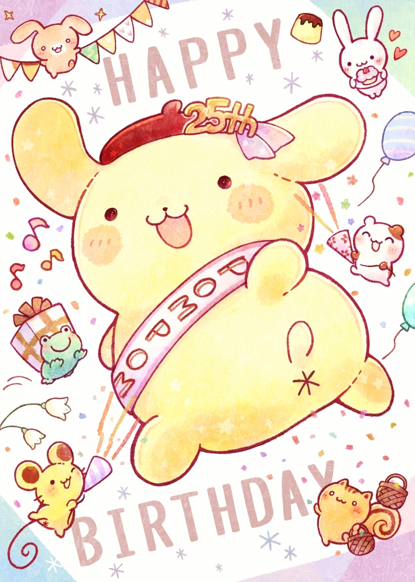 :3 animal animal_focus bagel_(sanrio) beret birthday commentary_request dog english_text frog gift hamster happy_birthday hat highres kekorin5 looking_at_viewer mint_(sanrio) mouse_(animal) muffin_(sanrio) no_humans open_mouth party_popper pompompurin powder_(sanrio) rabbit sanrio sash scone_(sanrio) smile solid_circle_eyes solo_focus squirrel tart_(sanrio) x_anus yellow_dog