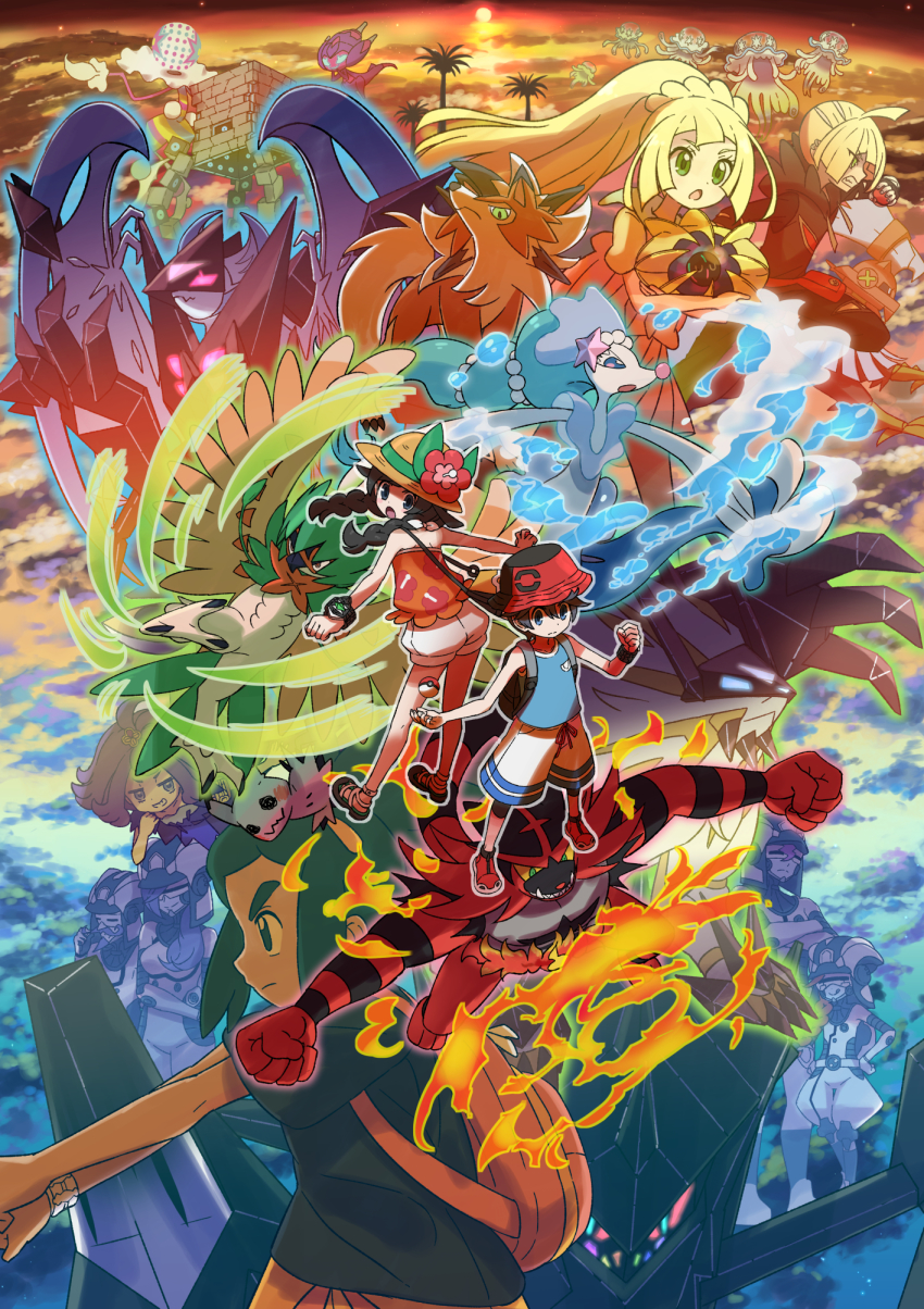 5girls acerola_(pokemon) alolan_exeggutor alolan_form cloud cloudy_sky cosmog decidueye elio_(pokemon) gen_7_pokemon gladion_(pokemon) hau_(pokemon) highres kingin legendary_pokemon lillie_(pokemon) lunala lycanroc lycanroc_(dusk) mimikyu multiple_girls necrozma necrozma_(dawn_wings) necrozma_(dusk_mane) necrozma_(normal) nihilego nintendo pokemon pokemon_(creature) pokemon_usum primarina selene_(pokemon) selene_(pokemon_usum) sky solgaleo sun sunset type:_null ultra_beast you_(pokemon_usum)