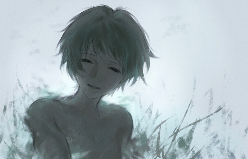 1girl 49neb chinese_commentary commentary_request film_grain grass green_eyes green_hair half-closed_eyes head_tilt highres isoi_rai looking_at_viewer nude outdoors saibou_shinkyoku short_hair sky smile solo upper_body white_sky