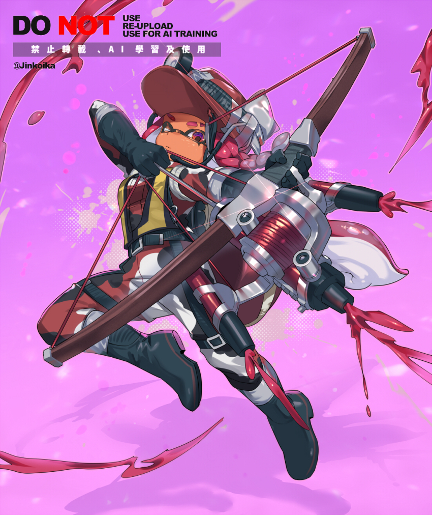 1girl black_boots black_gloves black_jumpsuit boots braid commentary dark-skinned_female dark_skin eyebrow_cut full_body gloves headlamp helmet high-visibility_clothing high-visibility_vest highres holding holding_weapon inkling inkling_girl inkling_player_character jinkoika jumpsuit lifebuoy long_hair long_sleeves looking_at_viewer mining_helmet multicolored_eyes multicolored_jumpsuit nintendo one_eye_closed orange_eyes pink_background pink_hair purple_eyes red_helmet red_jumpsuit rubber_boots rubber_gloves salmon_run_(splatoon) single_braid solo splatoon_(series) splatoon_3 swim_ring symbol-only_commentary tentacle_hair tri-stringer_(splatoon) two-tone_eyes weapon white_jumpsuit
