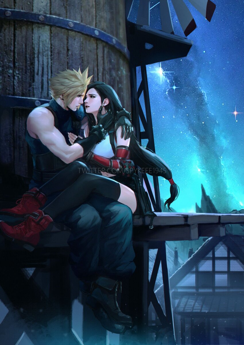 1boy 1girl arm_around_shoulder artist_name baggy_pants bare_shoulders black_gloves black_hair black_skirt black_thighhighs blonde_hair boots breasts building cloud_strife commentary couple crop_top earrings english_commentary eye_contact final_fantasy final_fantasy_vii final_fantasy_vii_rebirth final_fantasy_vii_remake fingerless_gloves full_body gloves hand_on_another&#039;s_neck hand_on_another&#039;s_shoulder highres house imminent_kiss jewelry long_hair looking_at_another midriff mountain navel nibelheim night night_sky outdoors pants parted_lips red_eyes red_footwear short_hair single_earring sitting sitting_on_lap sitting_on_person skirt sky sleeveless sleeveless_turtleneck sparkle spiked_hair spykeee star_(sky) starry_sky suspender_skirt suspenders sweater swimsuit tank_top thighhighs tifa_lockhart turtleneck turtleneck_sweater twitter_username water_tank water_tower watermark web_address white_tank_top windmill