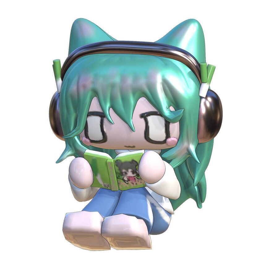 1girl 3d :3 animal_ears aqua_hair blue_pants blush_stickers book cat_ears chibi chibi_only closed_mouth food-themed_hair_ornament full_body hair_ornament headphones highres holding holding_book huhu_ee long_sleeves open_book original pants reading simple_background sitting solo spring_onion_hair_ornament white_background