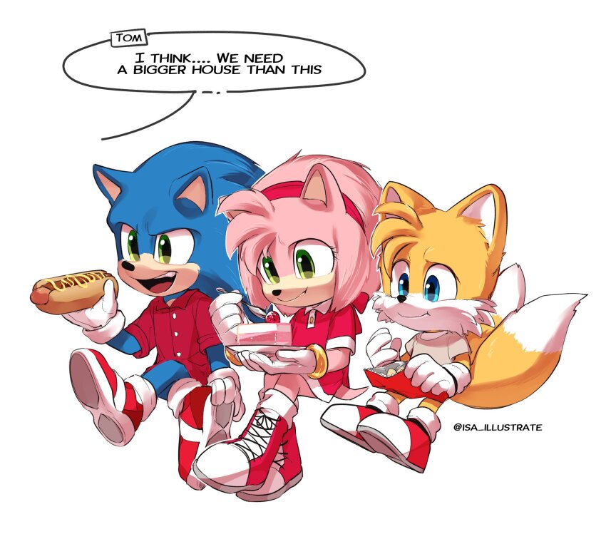 amy_rose blue_fur boots cake chili_dog chips_(food) eating food green_eyes highres isa_illustrate paramount_pictures pink_fur potato_chips sega shirt shirt_only shoes sitting socks sonic_(live_action) sonic_(series) sonic_the_hedgehog sonic_the_hedgehog_(movie) strawberry_shortcake tails_(sonic) yellow_fur