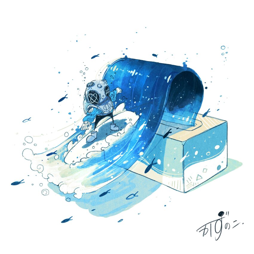 1other absurdres air_bubble artist_name blue_jacket boots bubble commentary diving_helmet fish flying_fish full_body gloves goggles helmet highres jacket kazunoko_(kazunoko_zunoco) original other_focus pun shadow signature simple_background solo standing surfboard surfing tissue_box water waving wet_wipes white_background white_boots white_gloves