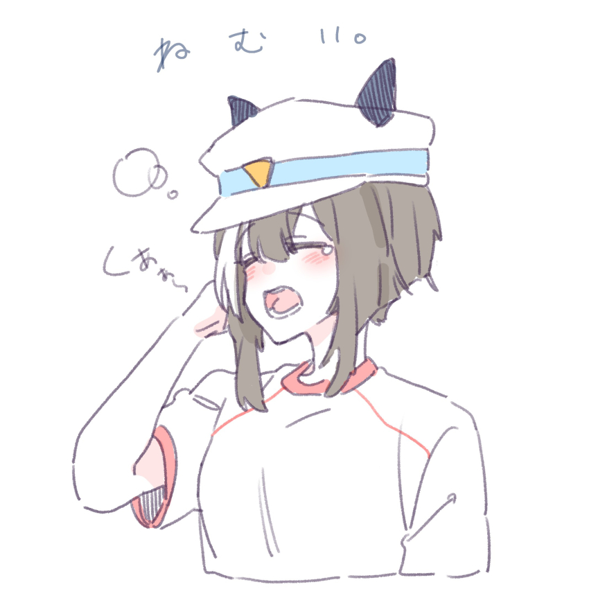 1girl blush brown_hair cheval_grand_(umamusume) closed_eyes cropped_torso ears_through_headwear gym_shirt hair_between_eyes hand_up hat highres multicolored_hair open_mouth peaked_cap seila_rei shirt short_sleeves simple_background solo streaked_hair tears translation_request umamusume upper_body white_background white_hair white_hat white_shirt