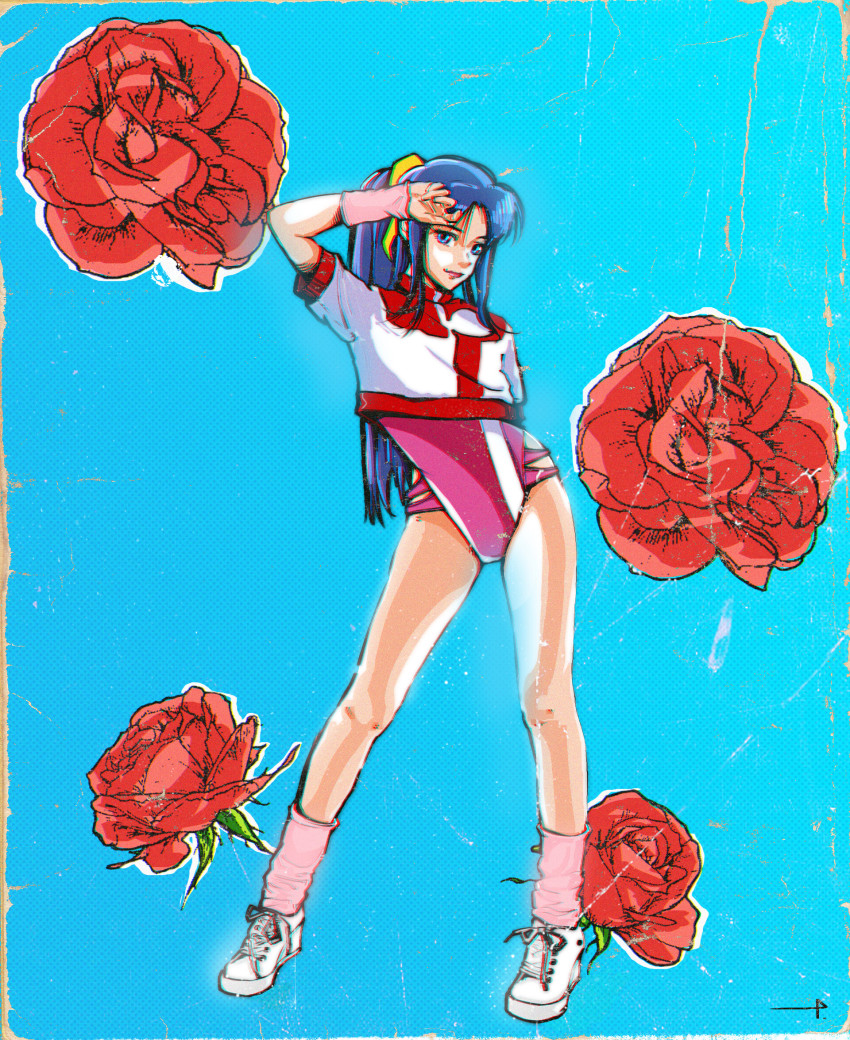1980s_(style) 1girl amano_kazumi blue_hair chromatic_aberration flower gainax gainaxtop gunbuster gunbuster_pose hair_ornament highres lips long_hair oldschool ponytail retro_artstyle rose sergey_orlov shoes socks top_wo_nerae! top_wo_nerae!_(series)