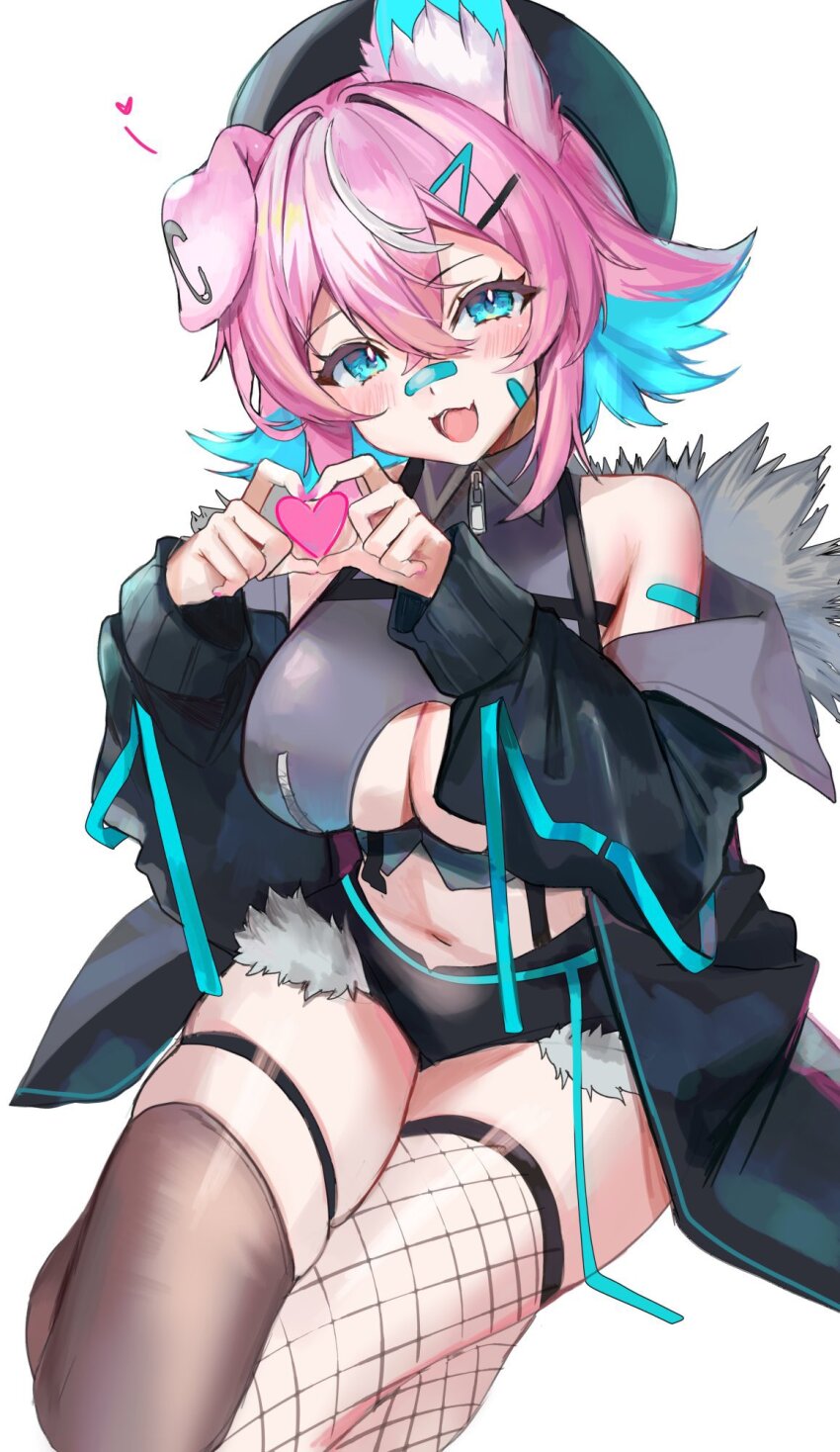 1girl animal_ear_fluff bandaid bandaid_on_face bandaid_on_nose black_jacket black_shorts black_thighhighs blue_eyes blue_hair blush breasts cleavage_cutout clothing_cutout commentary crop_top crossed_bangs dog_girl dog_tail fur-trimmed_jacket fur-trimmed_shorts fur_trim hair_between_eyes hair_intakes heart heart_hands highres jacket large_breasts looking_at_viewer midriff navel open_clothes open_jacket pink_hair short_hair shorts simple_background single_ear_down single_fishnet_legwear single_thighhigh solo tail thigh_strap thighhighs thighs virtual_youtuber vyugen white_background yuniiho yuniiho_(vtuber)