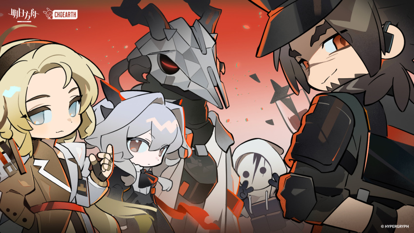 2girls 3boys arknights arm_behind_back armor ascot black_ascot black_dress black_hat blonde_hair blue_eyes brown_coat brown_gloves brown_hair brown_headband cape chinese_commentary coat commentary_request copyright_name double_v dress facial_hair fingerless_gloves gloves gradient_background grey_hair hat headband highres horns id_card jesselton_williams_(arknights) kristen_(arknights) long_hair looking_at_viewer looking_back mask ming_ri_fang_zhou_zhao_long_shan multiple_boys multiple_girls official_art orange_eyes patriot_(arknights) red_background reunion_soldier_(arknights) scar scar_on_face scar_on_nose short_hair smile stubble talulah_(arknights) v white_cape