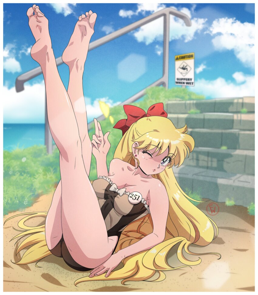 1girl absurdres aino_minako bishoujo_senshi_sailor_moon blonde_hair blue_eyes blue_sky bow casual_one-piece_swimsuit cloud commentary day english_commentary frilled_one-piece_swimsuit frills fritz_willie full_body grass hair_bow highres legs_up long_hair official_alternate_costume one-piece_swimsuit one_eye_closed outdoors red_bow sign sky solo stairs swimsuit two-tone_swimsuit