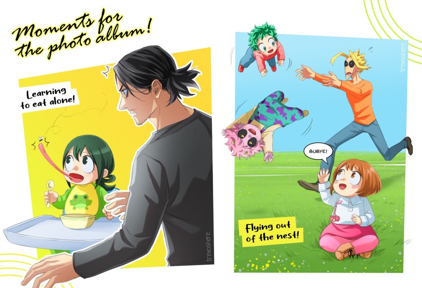3boys 3girls ^^^ age_difference ashido_mina asui_tsuyu baby black_hair black_sclera blue_eyes boku_no_hero_academia bug colored_sclera day english_text aizawa_shota facial_hair fly food freckles grass green_hair green_shirt highres insect long_sleeves lower_teeth_only midoriya_izuku multiple_boys multiple_girls open_mouth orange_background orange_shirt outdoors outline overalls pants pink_pants pink_shirt running shirt shoes short_hair sitting speech_bubble stubble teeth trevo_(trevoshere) uraraka_ochako white_outline yagi_toshinori