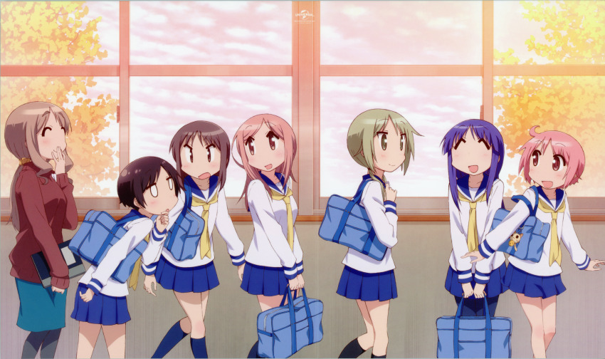 6+girls :d ^_^ absurdres aikawa_chiho bag black_hair black_pantyhose black_socks blonde_hair blue_bag blue_hair blue_sailor_collar blue_skirt blue_socks book brown_hair brown_sweater closed_eyes closed_mouth cover dvd_cover everyone eye_contact feet_out_of_frame green_skirt hand_to_own_mouth hasegawa_fumi highres hinata_yukari holding holding_bag holding_book ichii_yui indoors itou_kuniyuki kneehighs long_hair long_sleeves looking_at_another low_twintails matsumoto_yoriko miniskirt multiple_girls necktie nonohara_yuzuko o_o official_art okano_kei open_mouth pantyhose pencil_skirt pink_hair pleated_skirt sailor_collar scan school school_bag school_uniform serafuku shirt short_hair sidelocks skirt smile socks standing sweater twintails walking white_shirt window yellow_eyes yellow_necktie yuyushiki yuyushiki&#039;s_school_uniform
