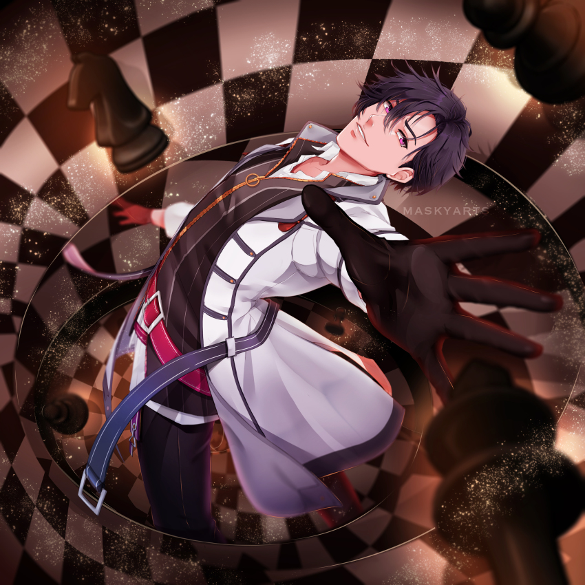 1boy absurdres belt belt_buckle black_gloves black_hair black_pants board_game buckle chess chess_piece chessboard coat collarbone eiyuu_densetsu falcom gloves hair_between_eyes hand_up highres looking_at_viewer male_focus maskyarts pants parted_lips psychedelic purple_eyes rean_schwarzer red_belt sen_no_kiseki sen_no_kiseki_(series) sen_no_kiseki_i sen_no_kiseki_iii shiny_skin short_hair smile solo spiked_hair spiral teeth white_coat