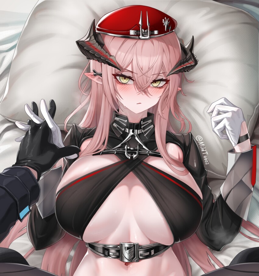 1boy 1girl arknights artist_name black_gloves blush breasts ear_blush gloves hat head_on_pillow hetero highres holding_hands horns interlocked_fingers large_breasts long_hair long_sleeves looking_at_viewer lying mildt navel on_back parted_lips pillow pink_hair red_hat revealing_clothes solo_focus steaming_body tsurime twitter_username ulsulah_(arknights) underbust upper_body very_long_hair white_gloves yellow_eyes