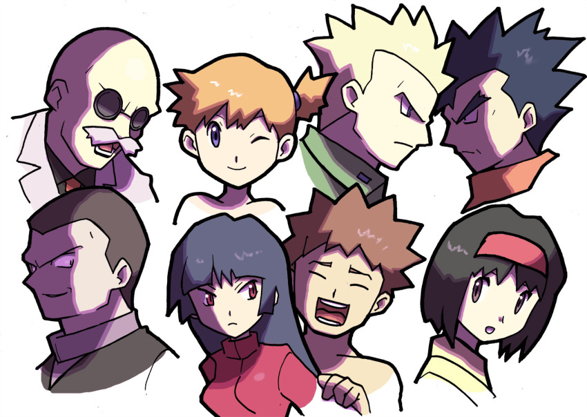 3girls 5boys asymmetrical_hair bald black_hair blaine_(pokemon) blonde_hair blue_eyes bravefarm2 brock_(pokemon) brown_hair charizard closed_eyes erika_(pokemon) gen_1_pokemon giovanni_(pokemon) gym_leader hat koga_(pokemon) long_hair misty_(pokemon) multiple_boys multiple_girls nintendo one_eye_closed pokemon pokemon_frlg pokemon_rgby ponytail red_eyes sabrina_(pokemon) shirt short_hair side_ponytail smile surge_(pokemon) wink