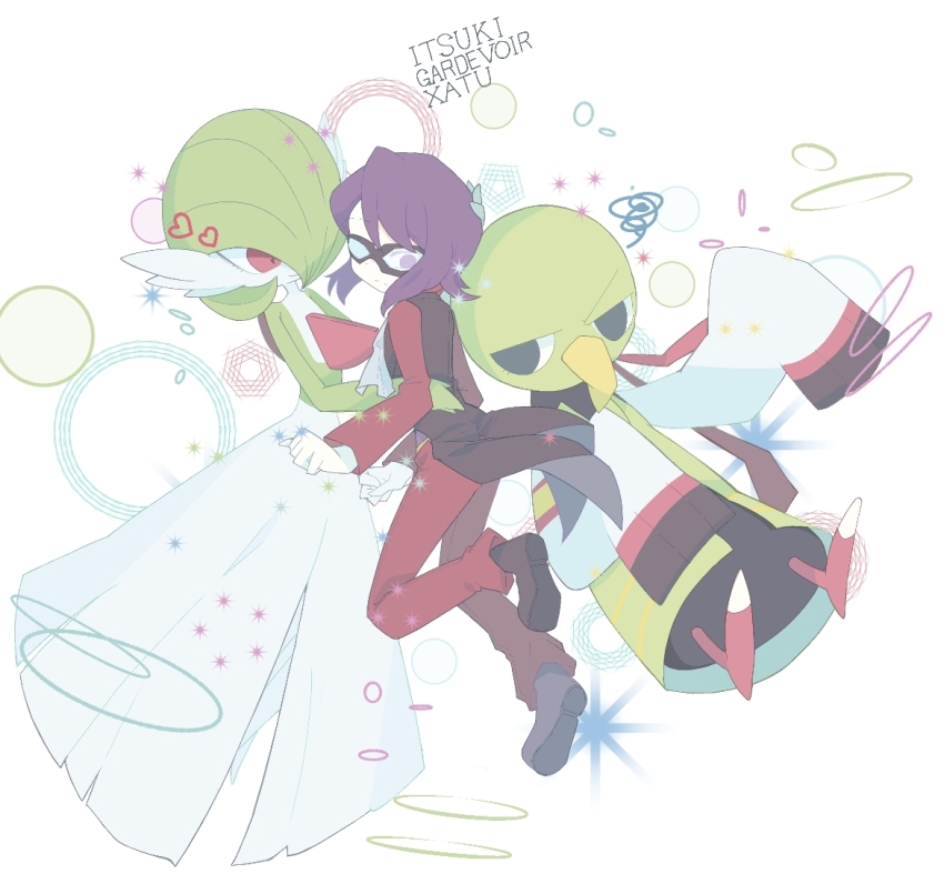 1boy ascot black_eyes bob_cut character_name colored_skin dress gardevoir gen_2_pokemon gen_3_pokemon green_hair green_skin hair_over_one_eye heart kotori_0322 multicolored_skin nintendo pink_eyes pokemon pokemon_(creature) pokemon_hgss purple_hair tailcoat two-tone_skin white_ascot white_dress white_skin will_(pokemon) xatu