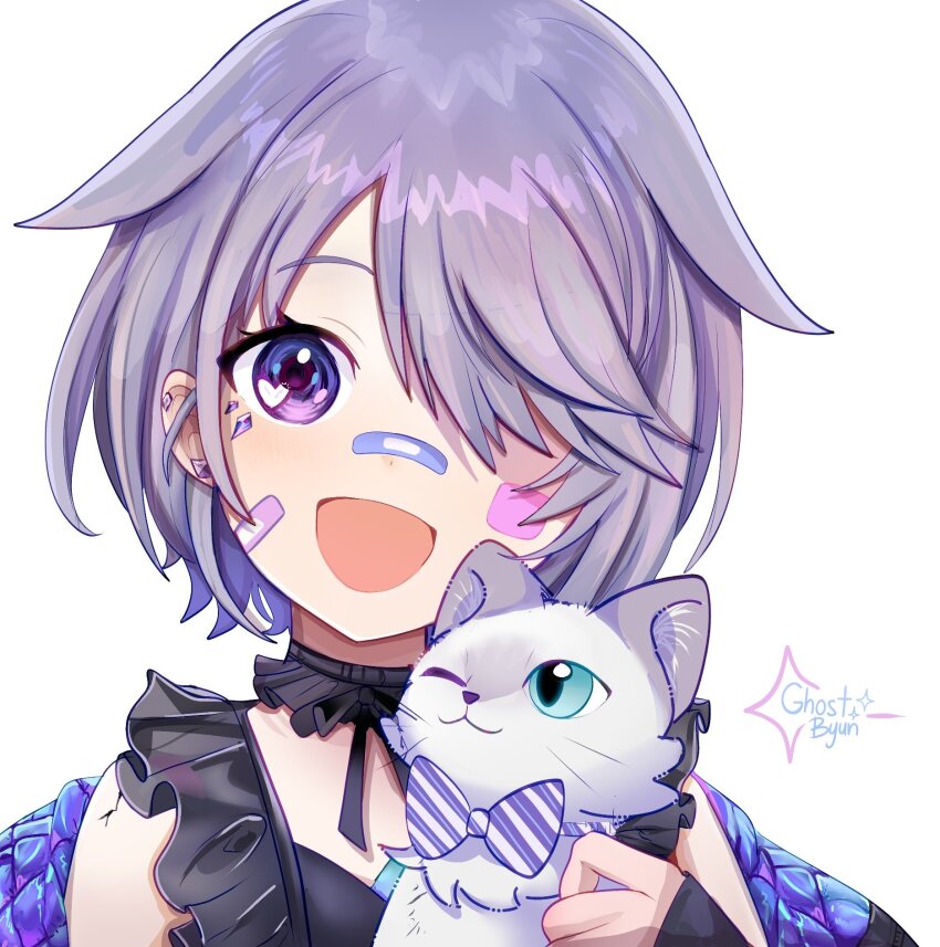 1girl :d artist_name bandaid bandaid_on_cheek bandaid_on_face bandaid_on_nose black_shirt bow bowtie cat collar cracked_skin detached_collar frilled_collar frilled_shirt frills ghosttbyun grey_hair hair_over_one_eye highres hololive hololive_english jewel_under_eye john_cat_(koseki_bijou) kitten koseki_bijou koseki_bijou_(casual) material_growth official_alternate_costume official_alternate_hair_length official_alternate_hairstyle open_mouth purple_eyes quilted_jacket shirt short_hair simple_background smile striped_bow striped_bowtie striped_clothes virtual_youtuber white_background