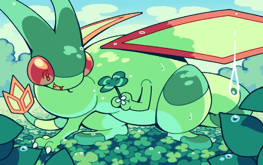 absurdres animal_focus cloud clover commentary dragon english_commentary flygon four-leaf_clover fourleafisland gen_3_pokemon highres nintendo no_humans open_mouth outdoors pokemon pokemon_(creature) rain sky smile tail water_drop